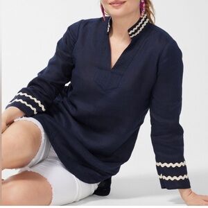 CHICO'S Nautical Office Beach 100% Linen Split V Rick Rack Navy Tunic Blouse 20